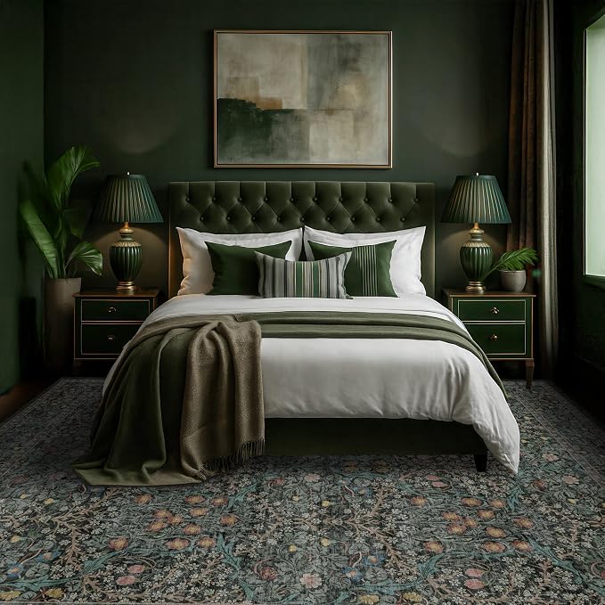 Washable Dark Green Rug for Living Room