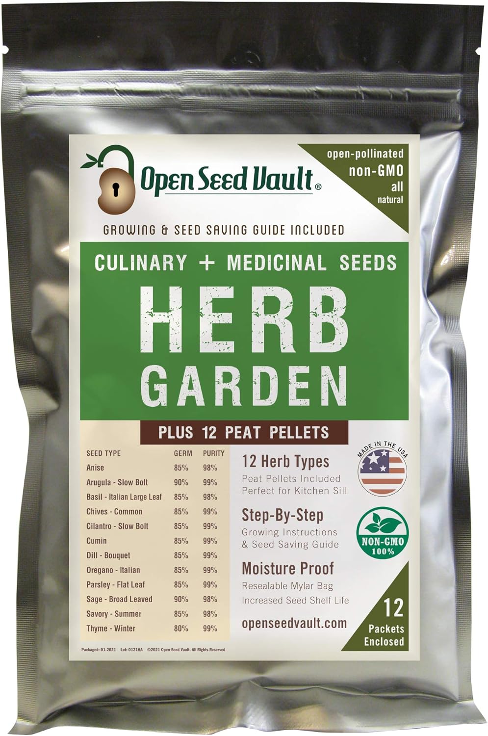 Open Seed Vault 4,000 Non GMO Heirloom Vegetable Seeds for Planting Vegetables and Fruits - 12 Variety Pack of Herb Seeds for Planting Outdoors - Gardening Supplies, Survival Gear, Prepper Kits