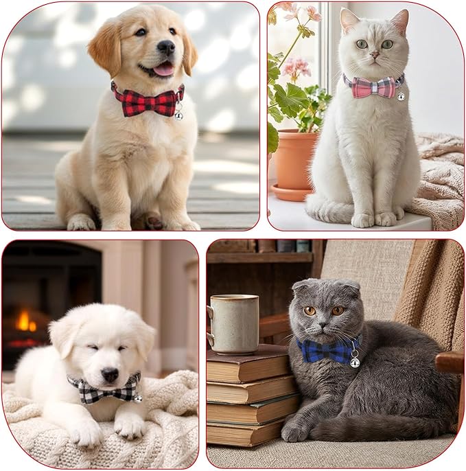 6Pcs Cats Bowtie Collar with Bell, Breakaway Cats Collars, Classic Plaid Kitten Cat Collars Adjustable Cat Bowtie Collar with Pendants for Quick Release for Small Pet
