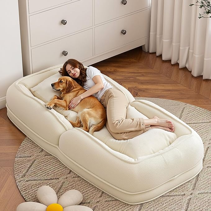 Oversized Human Dog Bed for Adult, Foldable Giant Human Pet Bed with 2 Soft Pillows, Large Sized Dog Sofa with 5 Adjustable Position for Humans, Metal Frame & Corduroy (White)
