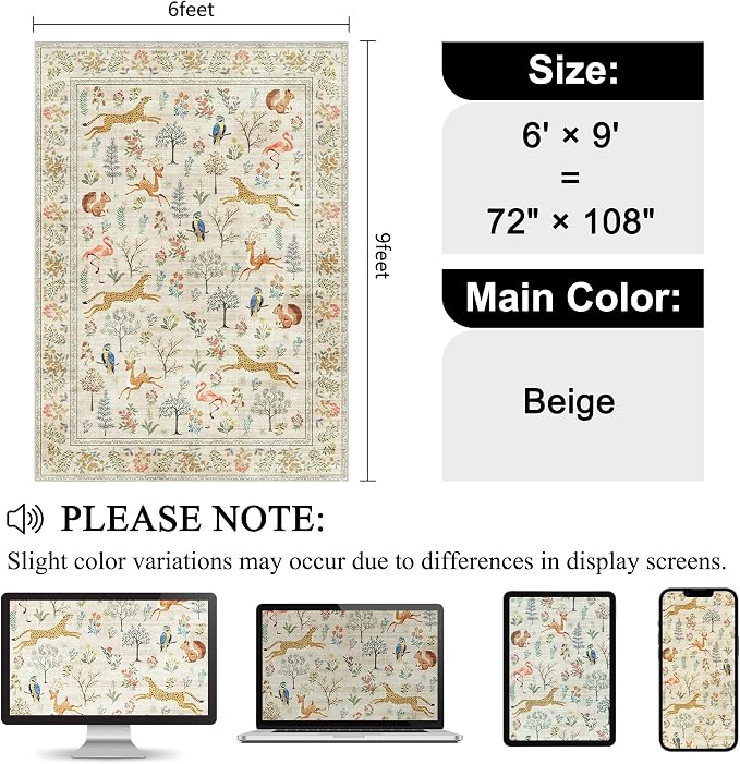 DUKINO 6x9 Rug, Washable Animal Living Room Rug