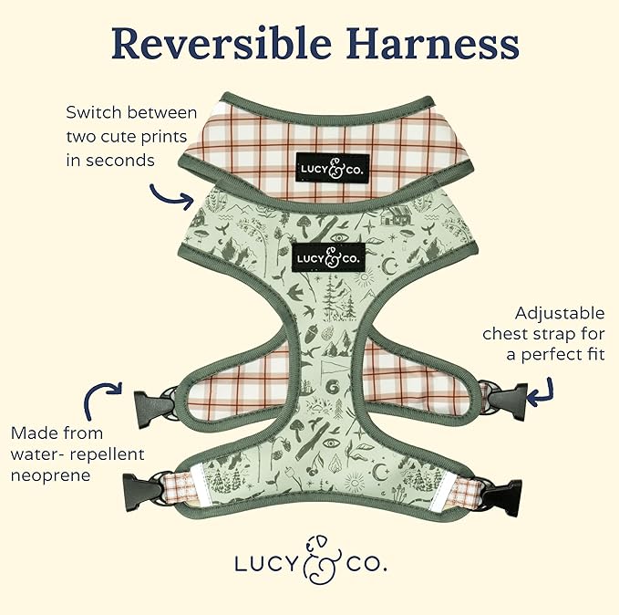 Lucy & Co. Cute Reversible Dog Harness Walking Halter - Best Designer Pet Harnesses for XS - XL Dogs - Padded Adjustable Vest for Easy Walking-Small-Green Outdoor Plaid