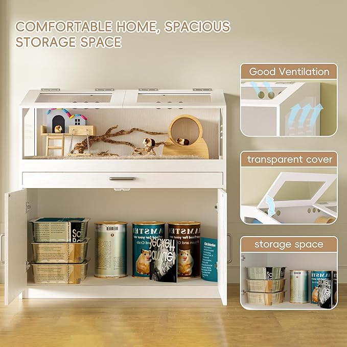 Betterhood Hamster Cage with Storage Cabinet, Guinea Pig Cage for Small Animals, Large Hamster Cage and Habitat with Easy View Acrylic Panels for Hamster, Rabbit, Guinea Pig, Hedgehog (39"x19"x40")