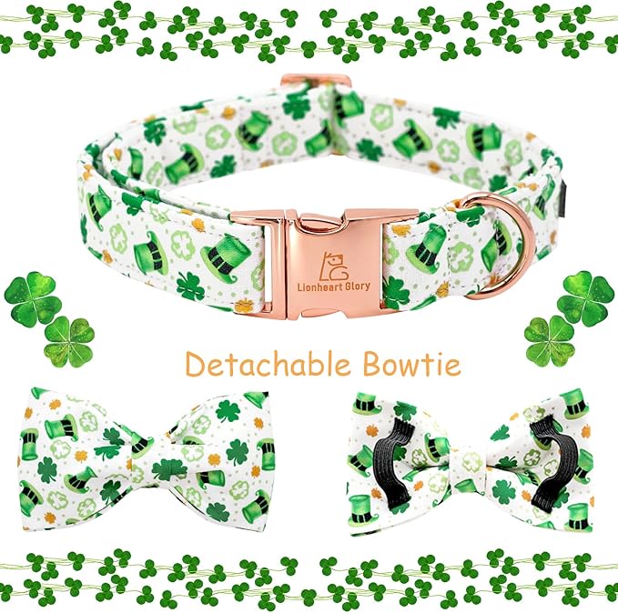 Lionheart glory Dog Bow Collar St. Patrick's Day Dog Collar for Small Dogs, Adjustable Green Collars Lucky Clover Shamrock Dog Collar with Bowtie Pet Collar Bows