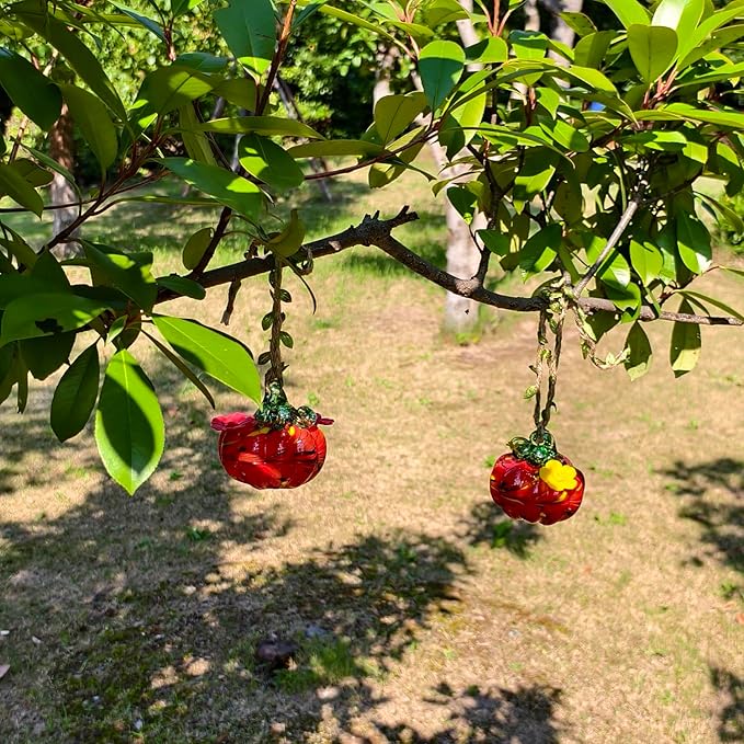 Small Glass Hummingbird Feeders for Outdoors Hanging - 2PC X Red Hand Blown Glass Pumpkin Nectar Feeding, 2 Flowers Feeding Ports, Decor for Garden/Backyard Outside