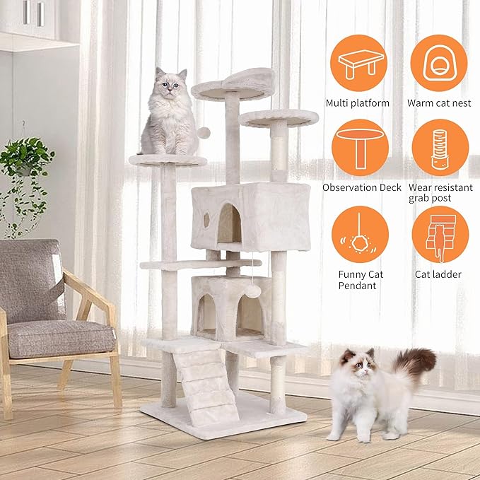 Cat Tree for Indoor Cats, Multi-Level Cat Tower with Scratching Posts & Cozy Condo, Space Saving Cat Activity Center, Durable Pet Play House (54in,Beige)