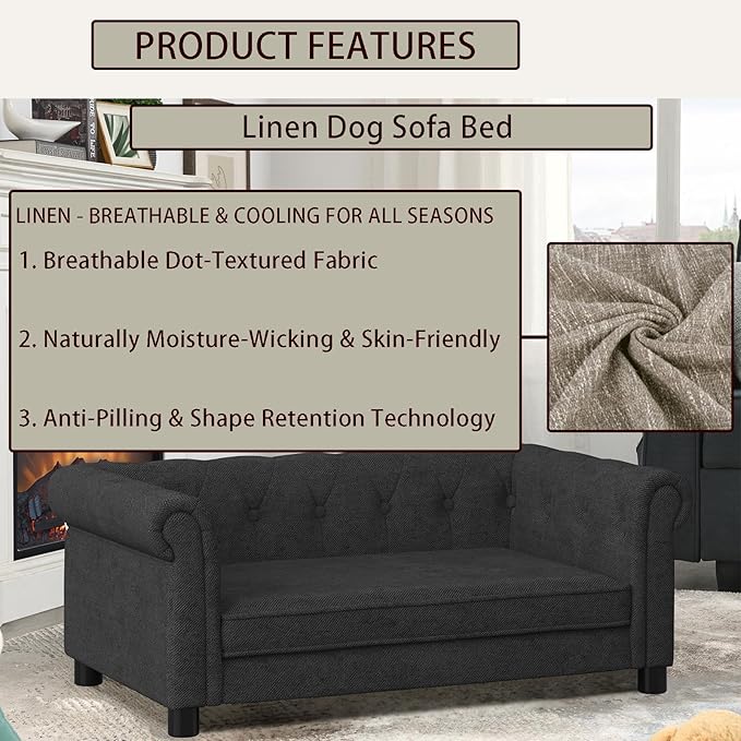 Elevated Rectangle Dog Sofa for Small & Medium Dogs - Comfortable Linen Fabric Dog Bed with Button Tufted Back, Durable Modern and Stylish Pet Bed for Living Room, Bedroom (Black)