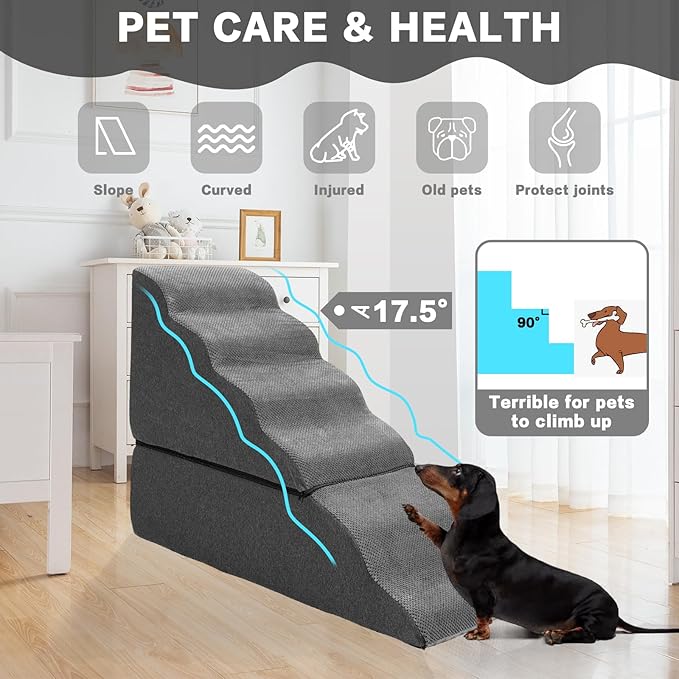Dog Stairs for High Bed 30" H, 6-Step Dog Steps for Bed for Small Dogs and Cats, Pet Stairs for High Bed Climbing, Non-Slip Pet Step Ramps for Old Dogs/Cats, Free-Installation, Dark Grey