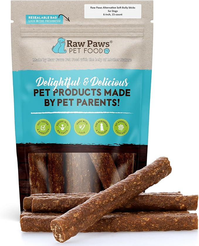 Raw Paws Alternative Soft Bully Sticks for Dogs, 6-Inch (15-Count) - Made in USA - Dog Chews Rawhide Free - Soft Dog Chews for Senior Dogs - Rawhide Free Treats - Puppy Teething