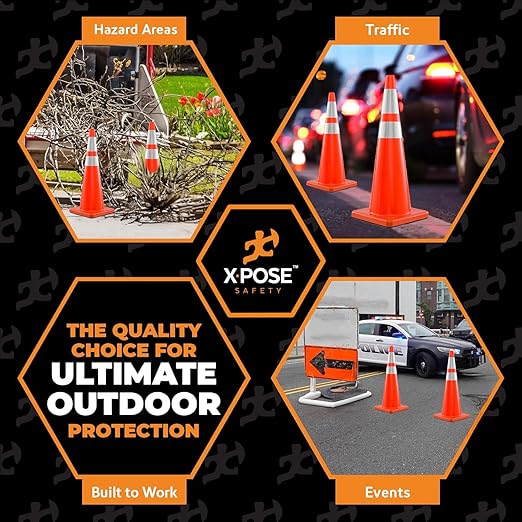 Xpose Safety 36 Inch Orange Traffic Cones Heavy Duty 12lb with 6" & 4" Collars, 12 Pack - Multipurpose PVC Plastic Safety Cone for Parking, Soccer, Caution, Kids and Construction - DOT Approved