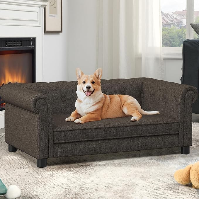 Elevated Rectangle Dog Sofa for Small & Medium Dogs - Comfortable Linen Fabric Dog Bed with Button Tufted Back, Durable Modern and Stylish Pet Bed for Living Room, Bedroom (Dark Brown)