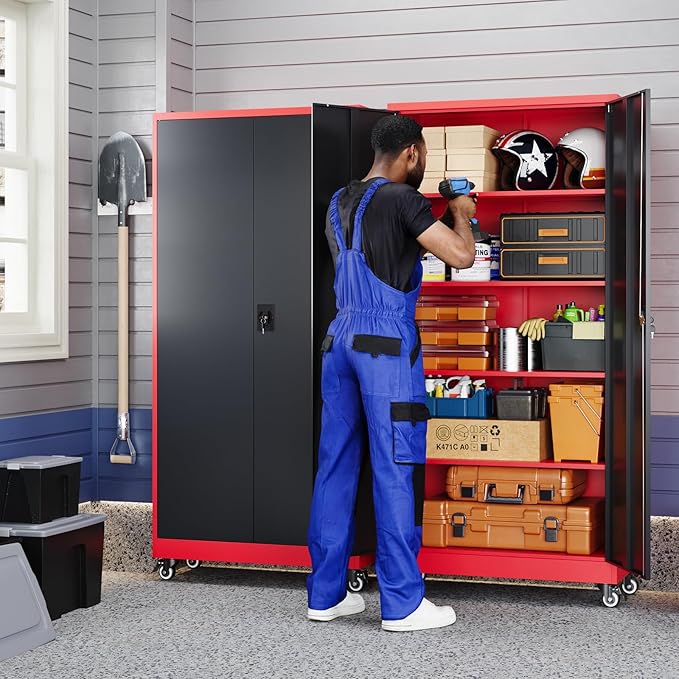 Yizosh Metal Garage Storage Cabinet with Locking Doors and Adjustable Shelves,- 75" Rolling Steel Tool Cabinet for Home Office,Garage,Warehouse