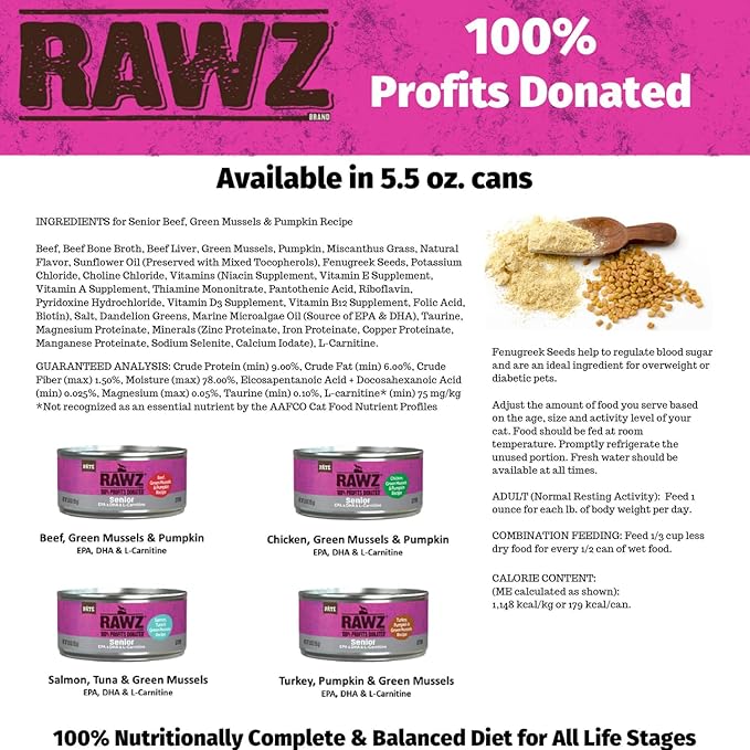 Rawz Natural Premium Pate Canned Cat Wet Food - Made with Real Meat Ingredients No BPA or Gums - 5.5oz Cans 24 Count (Beef & Green Mussels for Seniors)