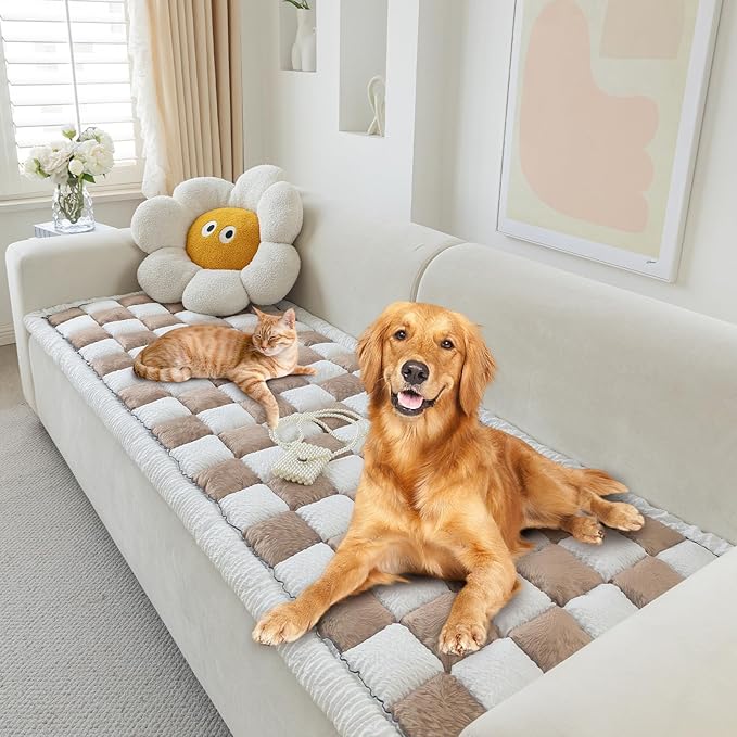 Dog Couch Cover for Washable, Non-Slip Plaid Square Sofa Cushion Protector, Soft, and Multi-Functional Pet Friendly Sofa Cover for Cats Dogs (27.6 x 82.7 inch, DarkCoffee)