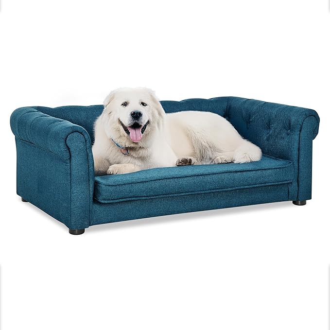 38.9" Elevated Dog Sofa with Button‑Tufted Backrest & Rolled Armrests, Pet Couch Bed with Removable Soft Cushion, Comfortable Upholstery Raised Dog Bed with Thick Padding for Living Room,Bedroom