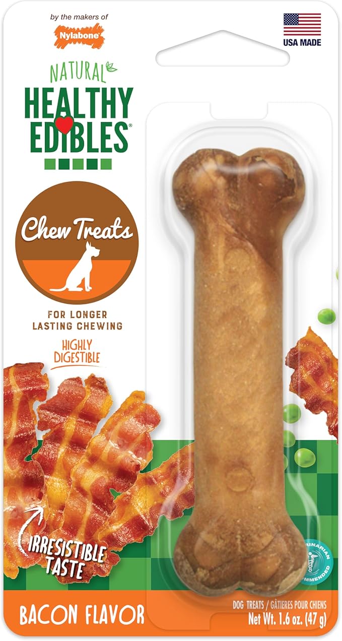Nylabone Healthy Edibles Natural Dog Chews, Long Lasting Bones for Dogs, Bacon Flavor Dog Treats, Small (1 Count)