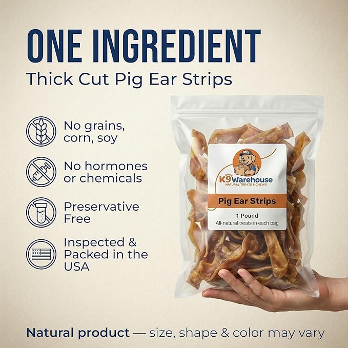 K9warehouse Pig Ears for Dogs - Natural Bulk - 100% Pork Pig Ear Strips for Dogs - Alternative to Rawhide Chews - Thick Cut Pig Ears for Dog Treats for All Breeds Packed in USA - 16oz