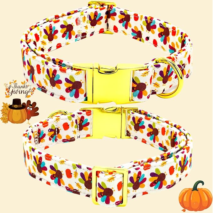 Thanksgiving Dog Collar, Turkey Dogs Collars Bow Tie Pet Collar Adjustable Pet Collars Premium Metal Buckle Autumn Leaf Necklace for X-Small Dogs
