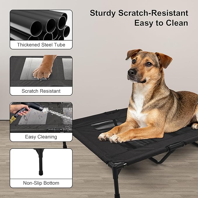 Raised Dog Bed Cooling Cot for Indoor Outdoor Use Portable Waterproof Mesh Pet Bed Washable for Large Medium Small Dogs, Black