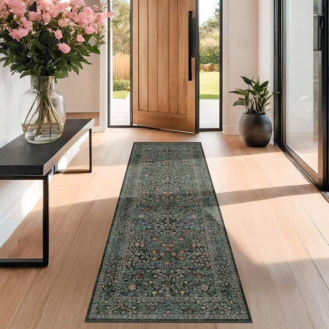 Dark Green 2x7 Long Washable Runner Rug Non Slip, Throw Rugs Runners