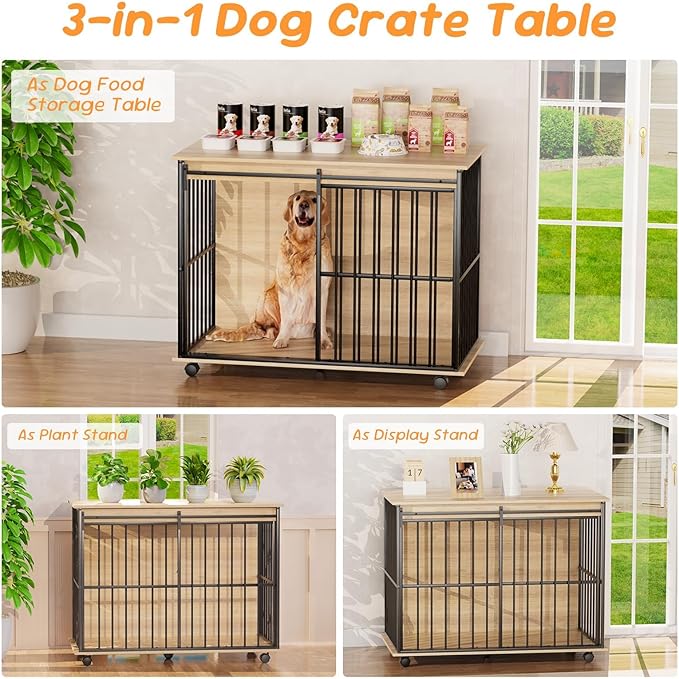 43.3" Dog Crate Furniture, Dog Kennel Indoor with Wheels for Large Medium Small Dogs, Wooden Dog Crate End Table with Sliding Door, Wooden Dog Kennel Furniture for Living Room, Bedroom