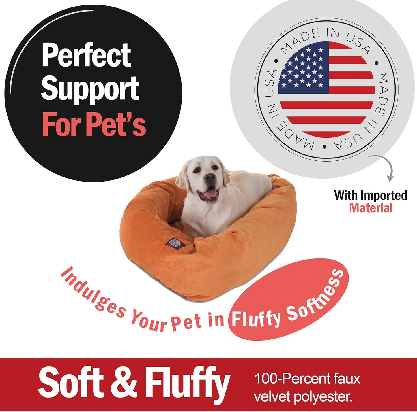 Majestic Pet 40 Inch Micro Velvet Calming Dog Bed Washable 40x29x9 (inch) – Cozy Soft Round Donut Dog Bed with Spine for Head Support - Pet Bed Large – Orange (2025)