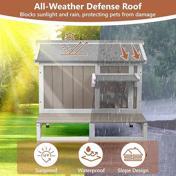 Small Cat House Weatherproof, Wooden Feral Cat House Outdoor with Balcony, Internal Dividers, PVC Curtain Door, Outside Indoor Cats Shelter with Elevated Feet, Openable Roof, Grey