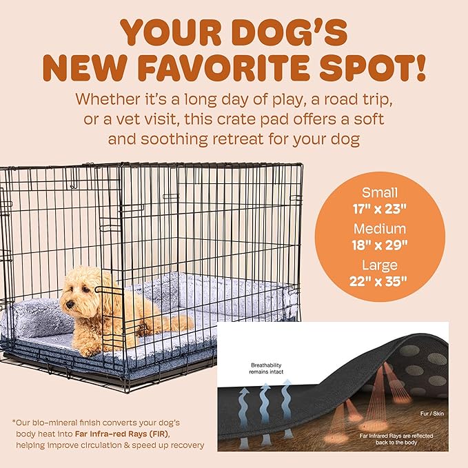 Dog Gone Smart Chill Kuzzi Dual Bolster Crate Pad - Washable Dog Bed Infused with Far Infrared Rays (FIR) - Supportive Plush Cushion for Crates, Travel, and Recovery - Slate Grey, Large 22 x 35 Inches