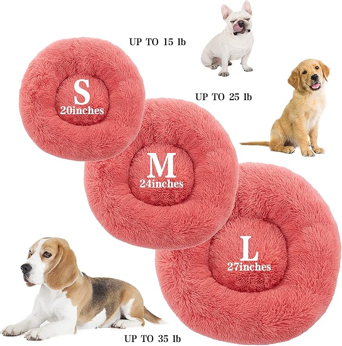 SunStyle Home Dog Bed Medium Size, Machine Washable Donut Round Calming Dog Bed, Anti-Anxiety Fluffy Plush Faux Fur with Anti-Slip Bottom Cushion for Medium and Large Pets