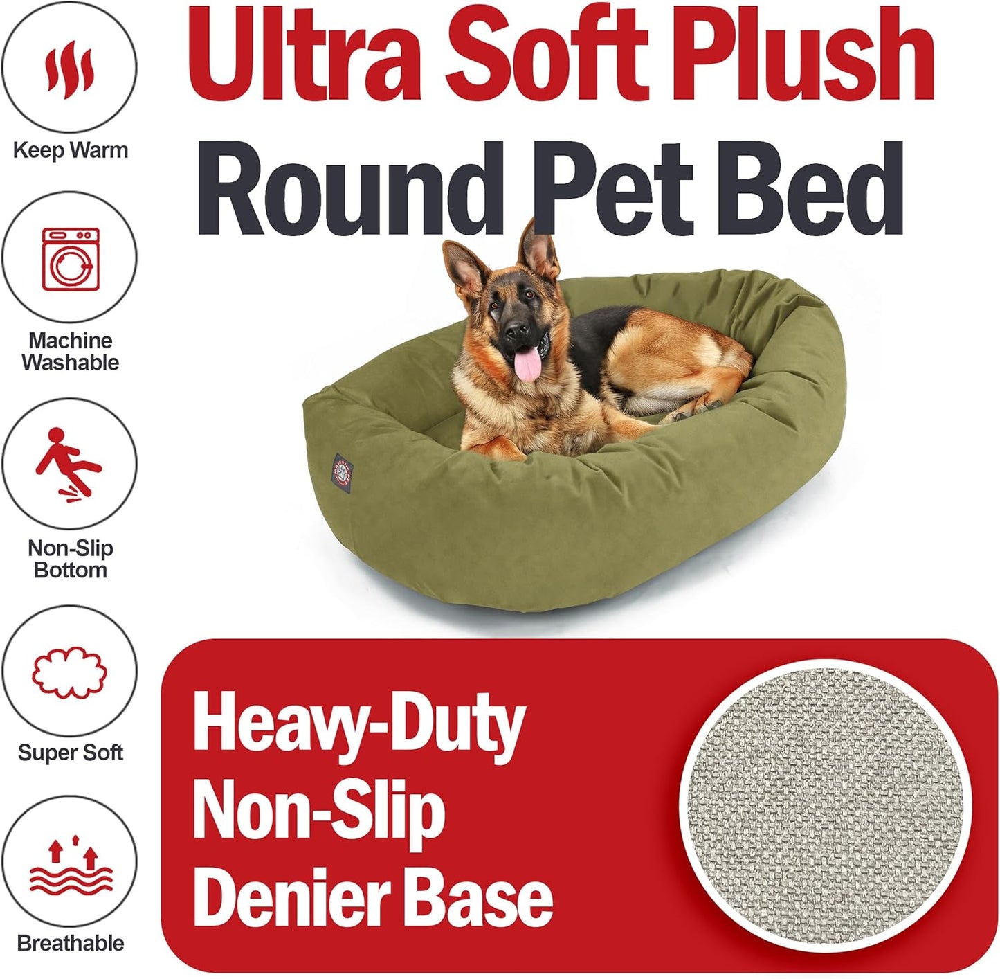 Majestic Pet 52 Inch Suede Calming Dog Bed Washable 52x35x11 (Inch) – Cozy Soft Round Donut Dog Bed with Spine Support for Dogs to Rest Their Head - Pet Bed X- Large - Sage (2025)
