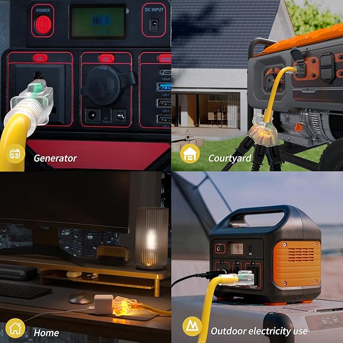 25 FT 10 Gauge Outdoor Extension Cord with Multiple Outlets Light Indicator, Flexible 3 Outlet Weatherproof Heavy Duty Extension Cord Waterproof Yellow, 15A 1875W 10AWG SJTW, ETL Listed