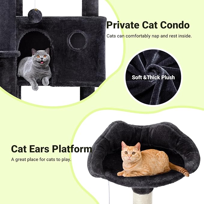 Allewie 64 Inches Cat Tree Tower/Multi-Level Activity Center for Indoor Big Felines/2 Plush Condos/2 Perchs/Basket/House/Sisal Scratching Posts/Hanging Cat Toys/Dark Grey