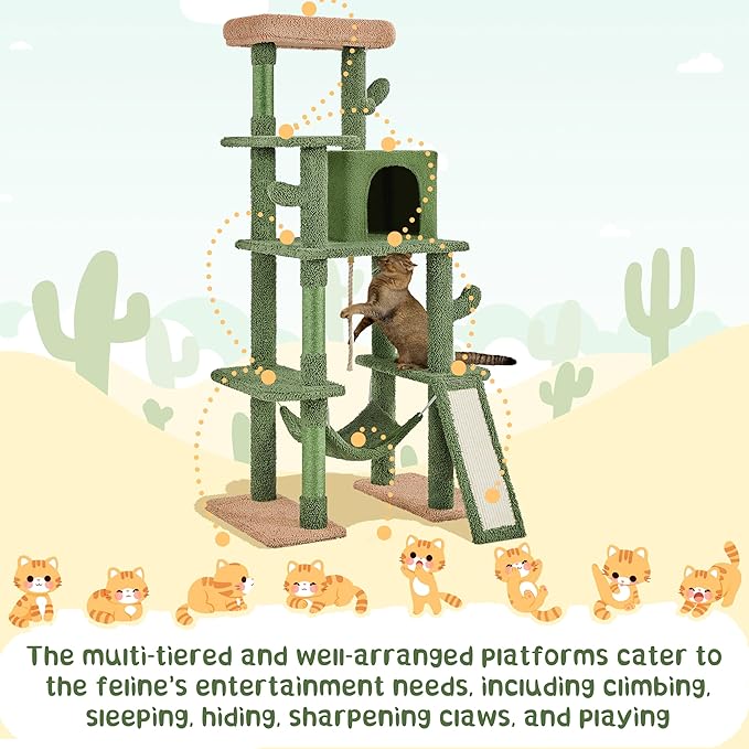 Yaheetech 63in Cactus Cat Tree, Multi-Level Tall Climbing Tower with Sisal-Covered Scratching Posts & Condo & Hammock, Pet Furniture Activity Center for Kitten