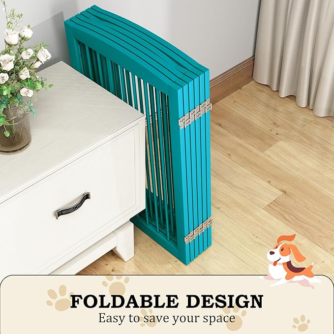 Freestanding Pet Gate with Door, Tall Dog Gate for House, Extra Wide, Pet Puppy Safety Fence, Support Feet Included, 120 Inch Wide, 6 Panels 32" Tall, Blue