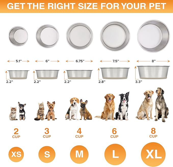 Neater Pet Brands Stainless Steel Dog Bowls with Non-Slip Rubber Bottom – Set of 2, 6 Cup (48 oz), Tan - Heavy Duty Metal Dog Bowl, Dishwasher Safe, Food or Water Bowl, Ideal for Large Dogs
