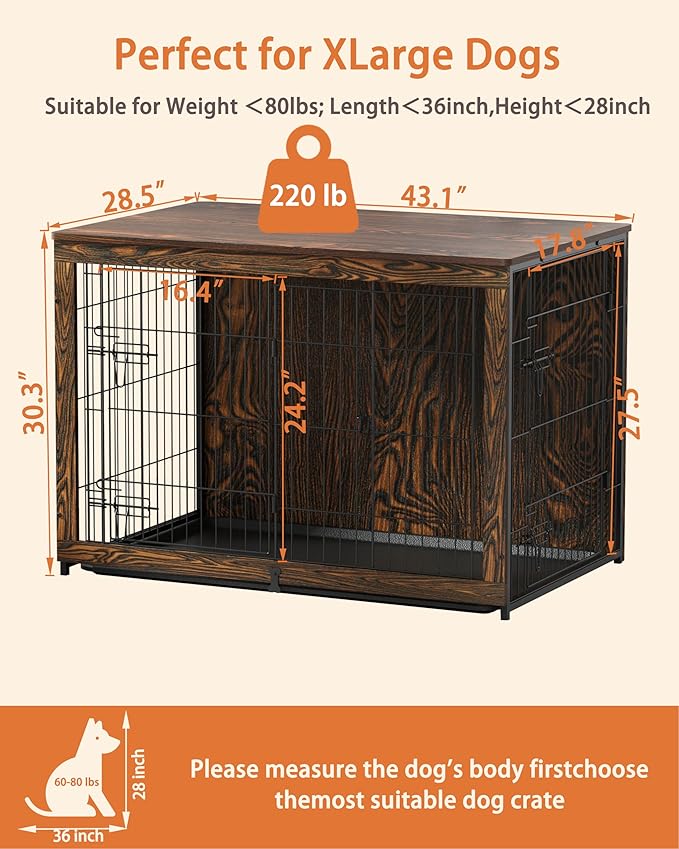 Megidok Wooden Dog Crate Furniture with Cushion,Large Dog Crate End Table with Tray, Double Doors Kennels Indoor (43.1" L*28.6" W*30.3" H, Rustic Style)