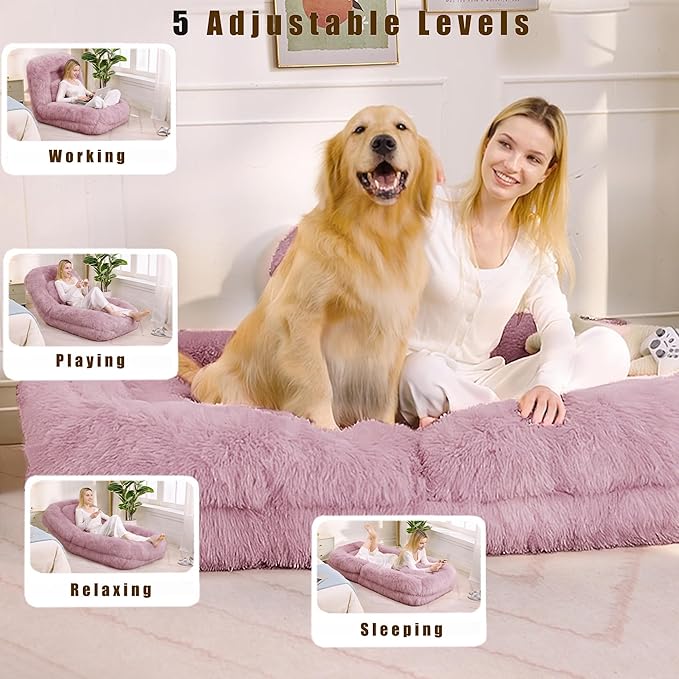 Human Dog Bed for Adult and Kids, Comfy Foldable Lazy Floor Sofa Bed with 5 Adjustable Position, Pink Upholstered Floor Bean Bag Lounger Chair for Bedroom, Living Room,Office (Pink)