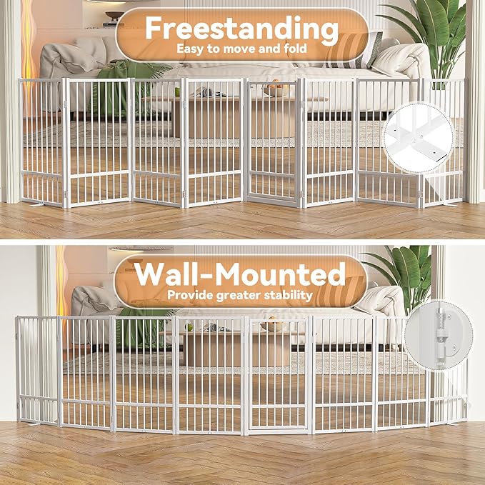 Full Metal Freestanding Dog Gate with Door, 36''Height Foldable Pet Dog Fence for Indoor & Outdoor, 8 Panels Extra Wide Free Standing TallDog Gates for Doorways,House,Stairs,Porch,Deck,Yard