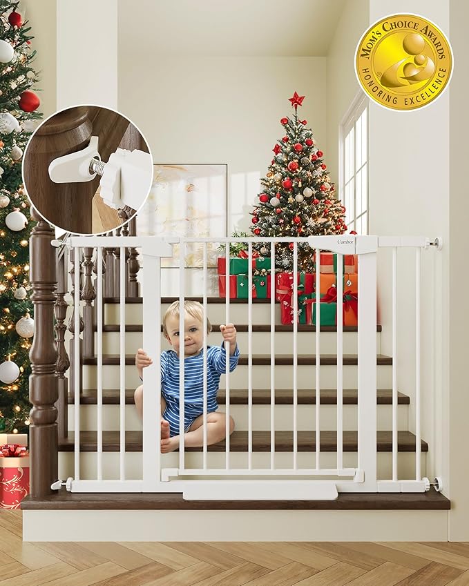Cumbor 29.7-46" Baby Gate for Stairs, Toddler Safety Essentials for The House, Auto Close Dog Gate for Doorways, Mom's Choice Awards Winner-Easy Install Pressure Mounted Pet Gates for Dogs, White