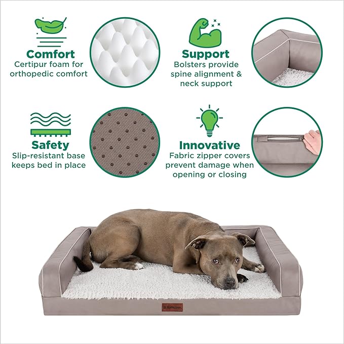 Furhaven Cooling Dog Sofa Bed – Memory Foam Couch with Bolsters, Textured Plush & Water-Resistant Cover, Washable Cover - Greige, Jumbo