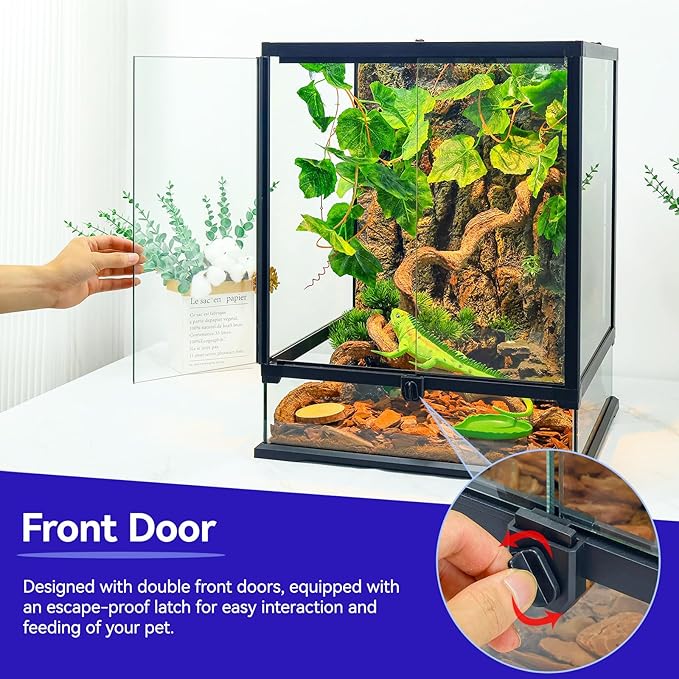 Full Glass Panoramic Vivarium for Crested Gecko Tank, Snake Enclosure, Reptile Cage with Front Door, Enhanced Ventilation & Concealed Wiring Holes 18" W x 18" x L24 H