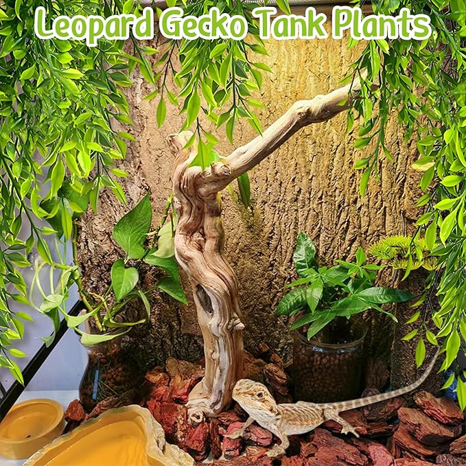Hamiledyi Tank Habitat Decorations 2 PCS Terrarium Hanging Plants with Suction Cups Reptile Plants Artificial Leaves Reptile Hide for Lizard, Snake, Bearded Dragon, Leopard Gecko, Chameleon