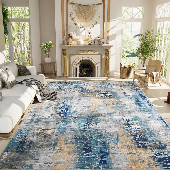 Living Room Rug 7x10 Ultramarine Area Rugs Machine Washable Abstract Boho Large