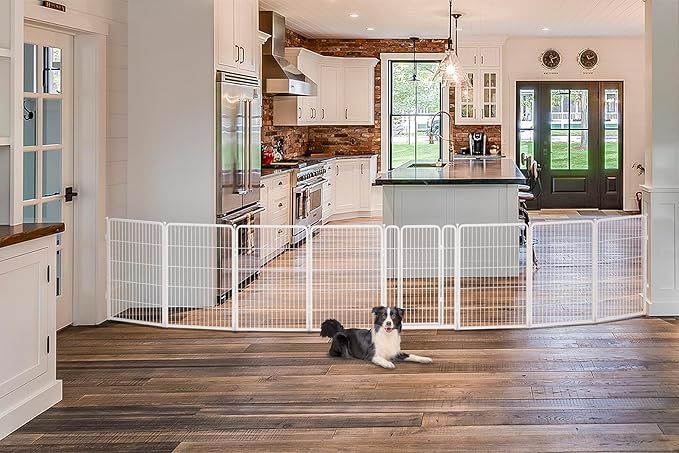 FXW Dog Gate Extra Wide Designed for Indoor Use, Adjustable Width Up to 219-inch Wide (40" H 8 Wire Panels for Medium and Large Dogs), White