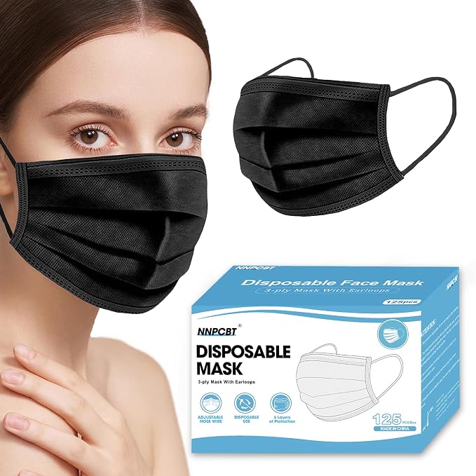 NNPCBT Black Disposable Face Masks 125 Pack, 3-Ply Breathable Mask