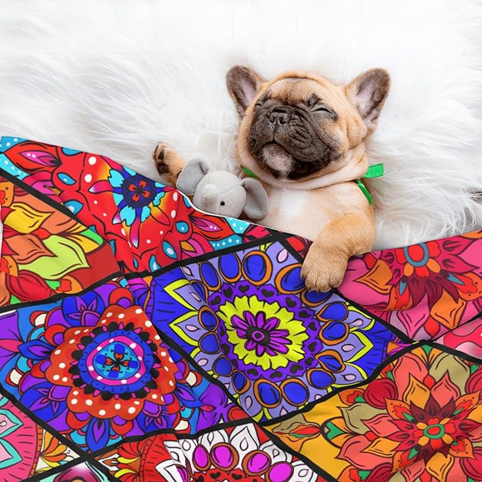 Colorful Boho Throw Blanket - Mexican Flowers Blanket Floral Bohemian Pet Blankets 23x16 for Dog Cat