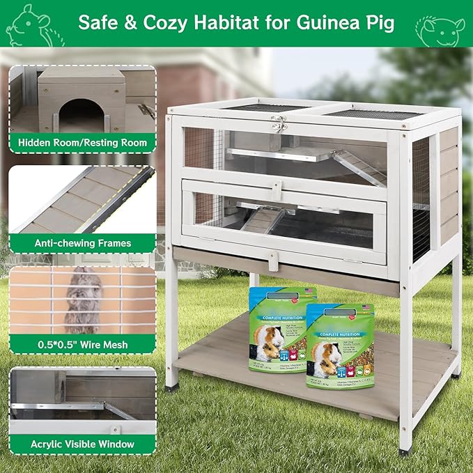PetsCosset Guinea Pig Cages Wooden Hamster Cage Indoor with Stand and Storage Outdoor Small Animals Habitat with Metal Edges Ramps Hideout House,No Leak and Pull Out Tray, Easy Clean