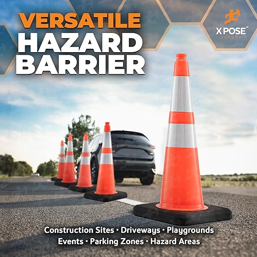 Xpose Safety 28 Inch Orange Slim Line Traffic Cones Heavy Duty 10lb with 6" & 4" Collars, 48 Pack Multipurpose PVC Plastic Safety Cone for Parking, Soccer, Caution, Kids & Construction - DOT Approved