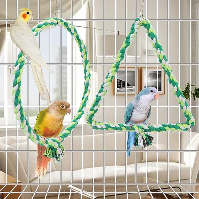 Wontee Bird Swing Bird Rope Perch Parrot Climbing Stand for Parakeets Budgies Cockatiel Conure Quaker Caique (M(9.8IN, 9.8IN))