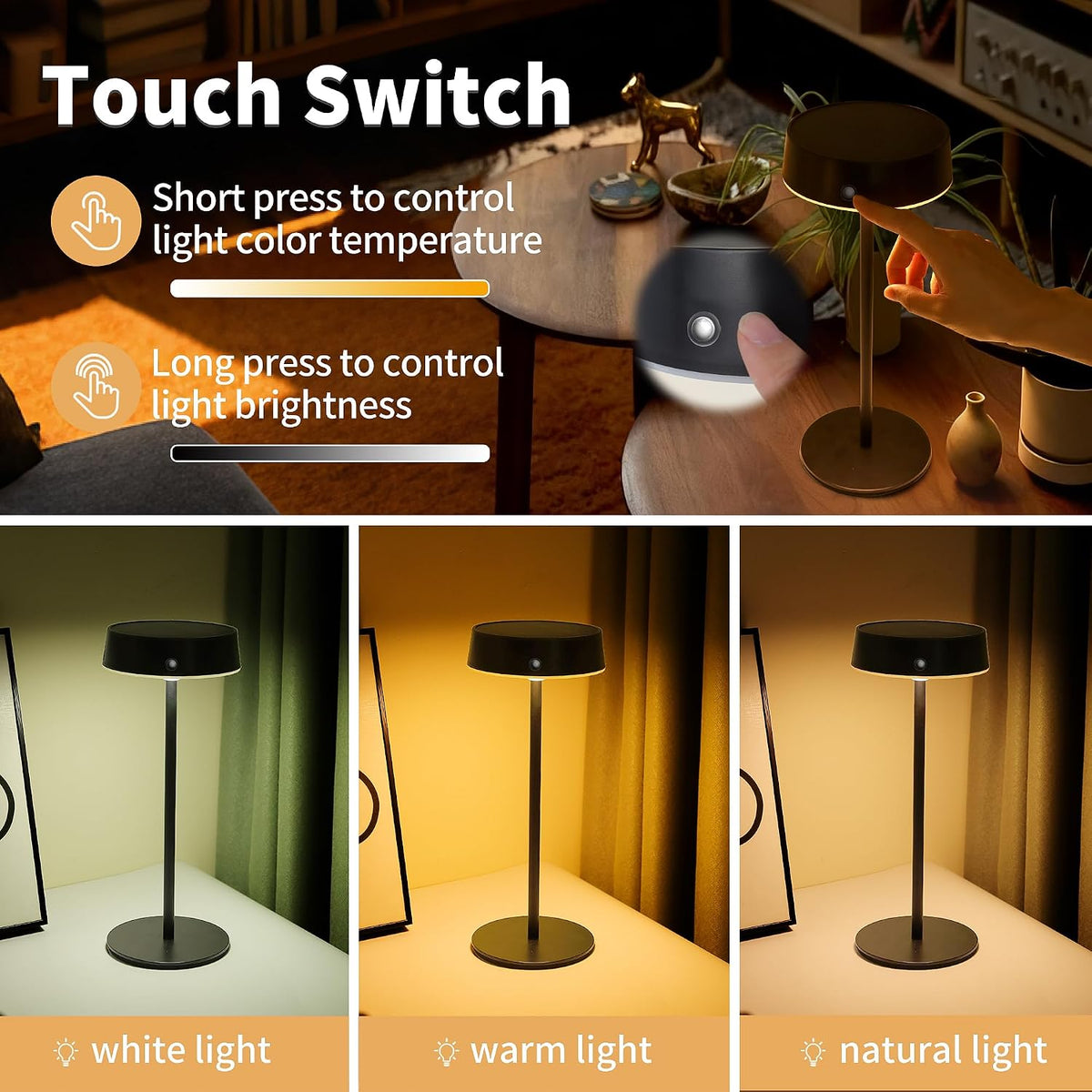 Mr.White Solar Waterproof Outdoor Rechargeable Cordless Table Lamps, Set of 2 Touch Dimmable Operated Battery Table Lights for Patio, Restaurant, Kitchen (Black)